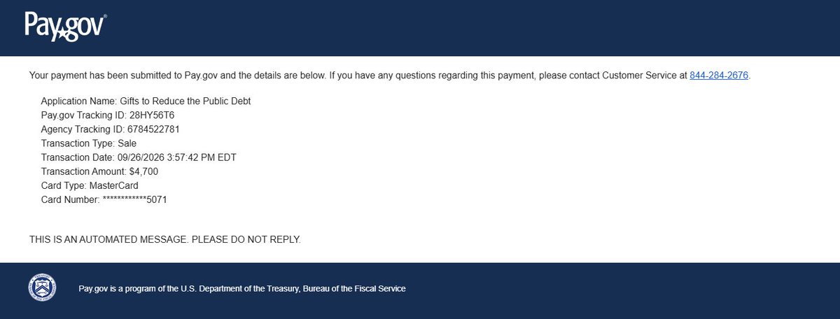 natdebtfund's tweet photo. $4700 of token fees have been gifted to reduce national debt. https://t.co/bZGRHLwuzp