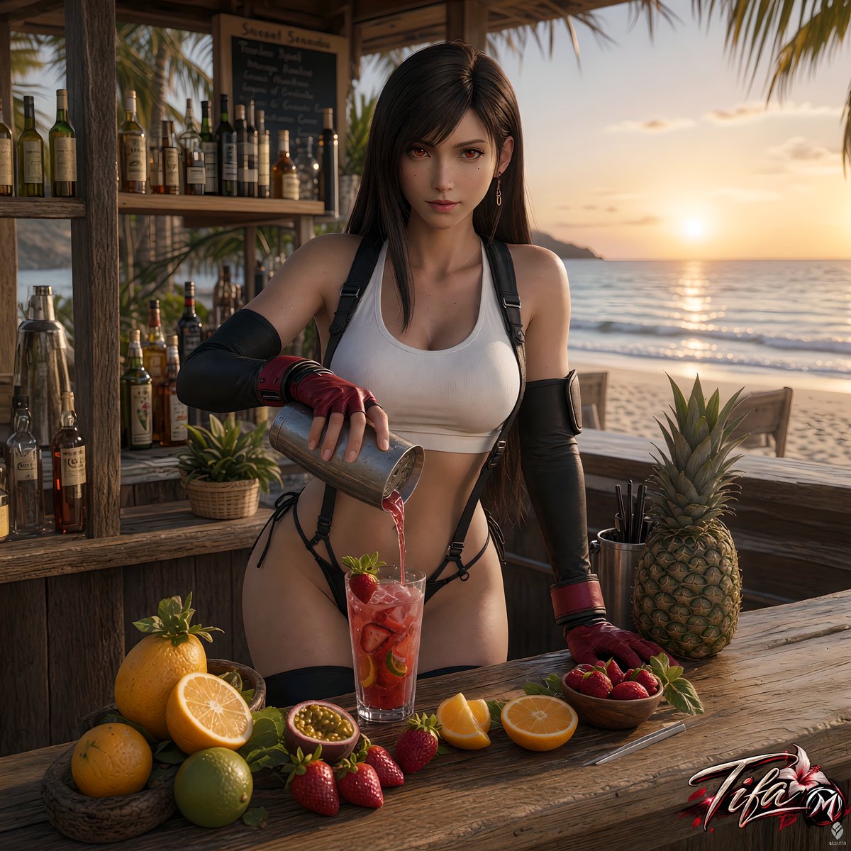 Majinladydragon's tweet photo. ❤️🌸✨ Tifa: Need a cocktail? 🍹🌴❤️
Come on… I’ll make one for you. ✨
#Tifa #TifaLockhart #FinalFantasyVII #FFVII #FinalFantasy #FF7Rebirth #GamingPhotography #VirtualPhotography #GamePhotography #CharacterCreation #GameArt #PhotoMode #SummerVibes #Cocktail #MajinLadydragonne