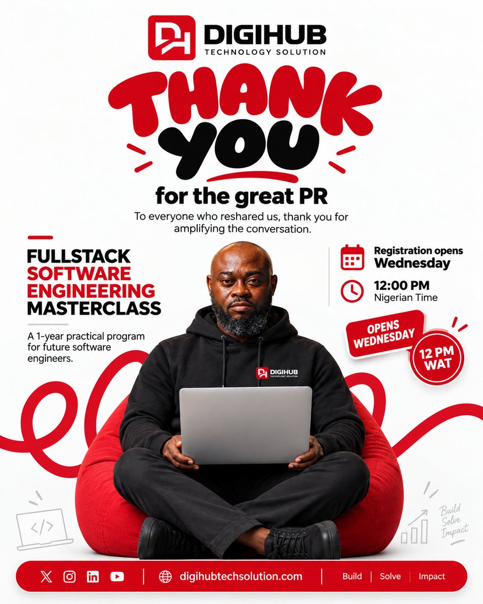 Amospikins's tweet photo. Thank you for the great PR. ❤️

Whether you agreed, disagreed, quoted or reshared the conversation around our ₦1M Full-Stack Software Engineering programme, you helped more people discover what we’re building.

Registration opens Wednesday, Sept. 30, 12 PM WAT. https://t.co/Updj44Eb3X