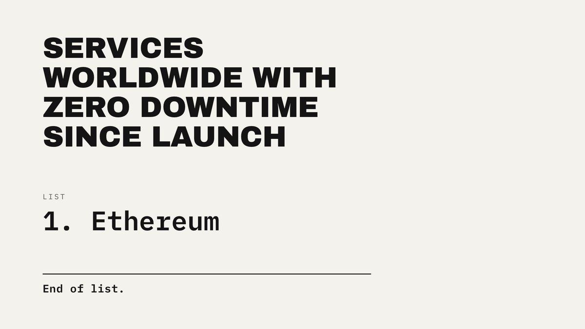 marilyn100x's tweet photo. List of services worldwide that had 0 downtime since inception

1. Ethereum

End of list. https://t.co/v7IF5JhGNg