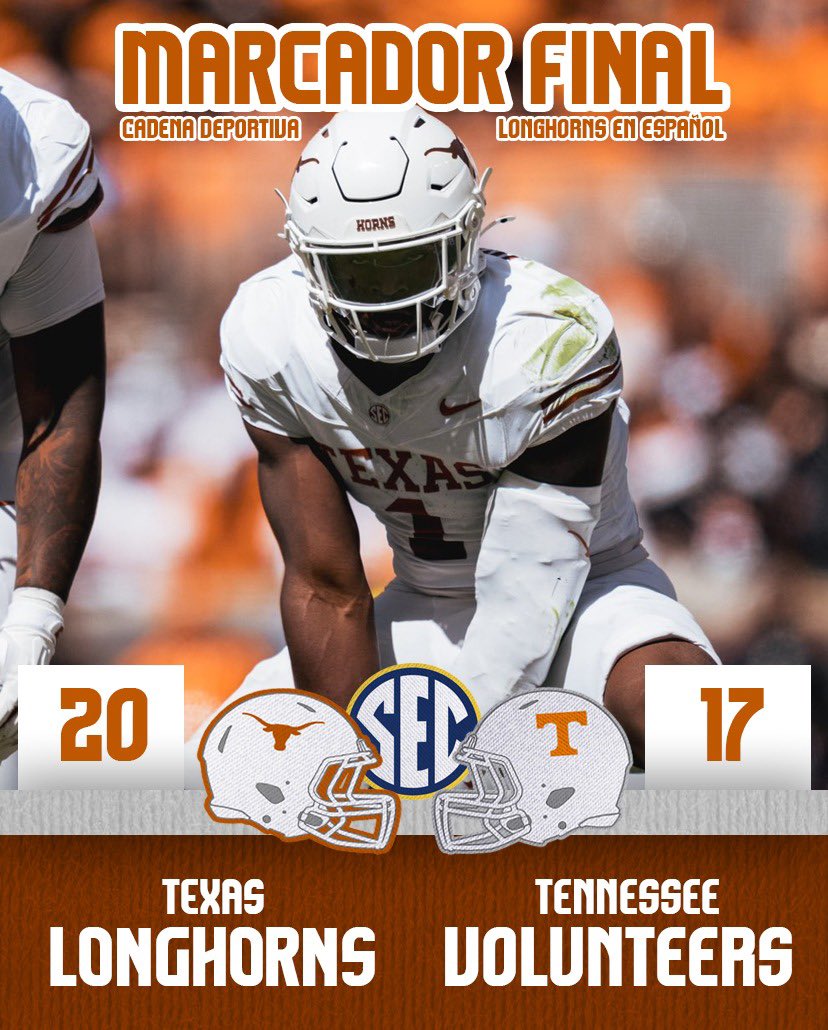 LONGHORNSESP's tweet photo. FINAL. Longhorns obtiene su primer triunfo como visitante y en la SEC, con final dramático. Sur récord es 4-0 (1-0 SEC). La próxima semana es descanso y en 15 días será la Rivalidad del Río Rojo vs Oklahoma. #HookEm @mundodelovoide @LAuTrEK @Cleriga @CuarentaAcres https://t.co/WgB1QZPJIU