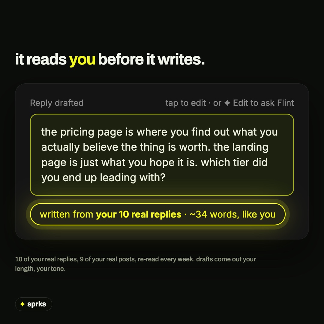 Sprksxyz's tweet photo. sprks reads 10 of your real replies before it writes one. drafts come out your length, your tone. that's the "like you" part. https://t.co/6KYVsR8iRG