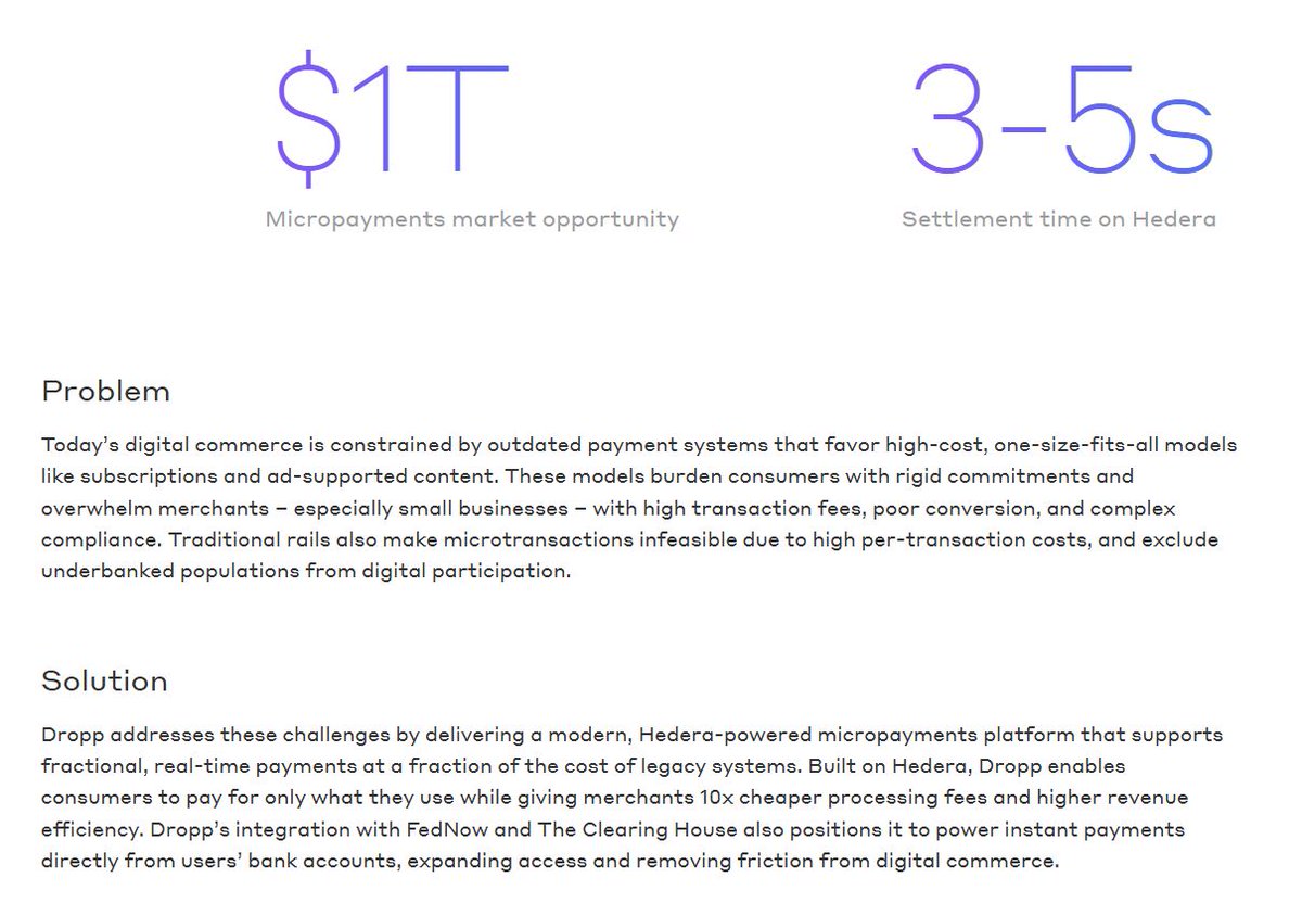 RealAllinCrypto's tweet photo. 🚨HUGE: Hedera just showcased how $HBAR is being used to attack a $1 TRILLION micropayments opportunity!

@droppcc is built on @hedera to make tiny, instant payments economically viable, settling in 3–5 seconds with processing costs up to 15x cheaper than traditional providers!

And this isn't crypto operating in a bubble.

🏦 Truist Bank partnership
🇺🇸 FedNow Service Provider Showcase
⚡ The Clearing House RTP integration
💵 USD, USDC & HBAR payments
🌎 Potential to scale globally

From micropayments and AI agents to tokenised assets and institutional finance, Hedera is quietly building infrastructure for markets worth TRILLIONS.

The use cases for $HBAR just keep expanding. 🔥