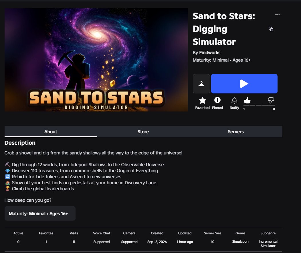 Findworkss's tweet photo. I wanted to make something different on Roblox, so I’m building Sand to Stars 🏝️✨
Dig through 12 worlds from the beach to space, discover rare treasures, and display them outside your customizable home.
Would you play? What would you add?
#Roblox #RobloxDev https://t.co/lP9lLgTk27
