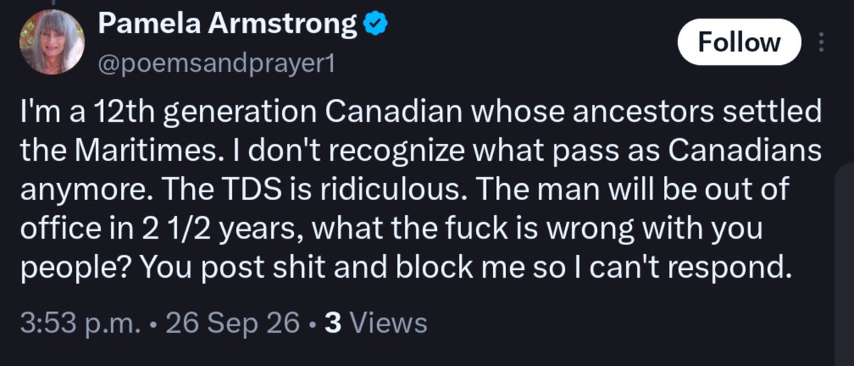 HenriAGS's tweet photo. Pamela is a Trump supporter in Canada, passing judgement on her fellow Canadians for not bowing down to a pedophile

Her entire timeline is an anti-Canada pedohile worship altar to a man that raped little boys and girls

Then she has the balls to ask why people are rude to her... https://t.co/Qm7HQdO9XE