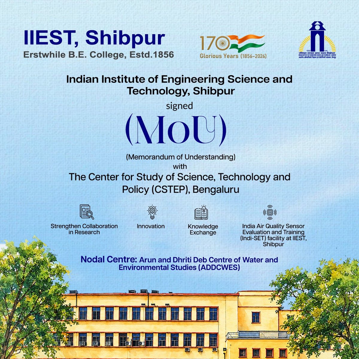 iiest_s's tweet photo. @IIEST_s signed an MoU with @CSTEP_India to advance air quality research &amp; innovation.
The ADDCWES centre will serve as the nodal hub to establish the Indi-SET (India Air Quality Sensor Evaluation &amp; Training) facility! 
#CleanAir #CSTEP https://t.co/N1DKz4goau
