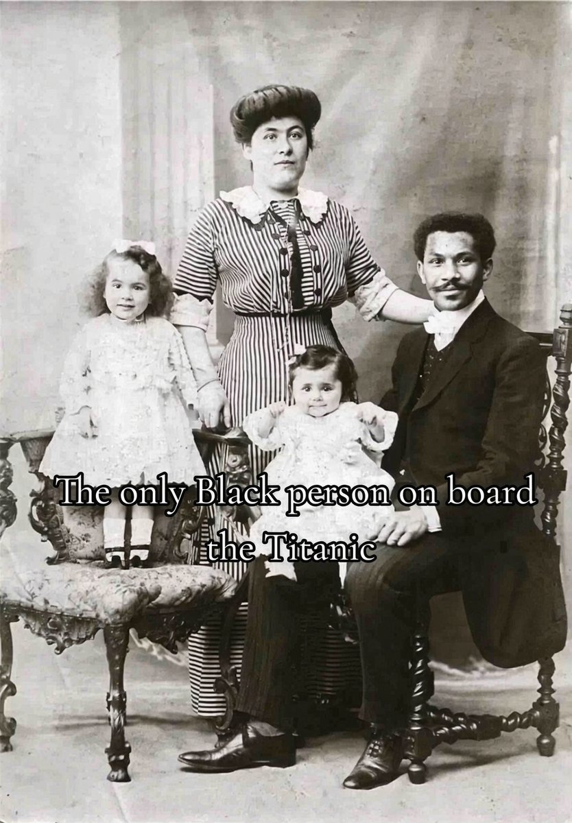 TrumpGirlLove's tweet photo. I was wondering if there were any Black passengers on the Titanic. So I looked it up—and there was one Black man traveling with his family. His story could have been a movie by itself.

Joseph Philippe Lemercier Laroche was born in Cap-Haïtien, Haiti, in 1886. At 15 he was sent to France to study and earned an engineering degree. There he met Juliette Lafargue, a French woman. They married and had two daughters, Simonne and Louise. Juliette was later pregnant with their third child.

Even with the degree, racial discrimination in France made good work almost impossible. The family decided to go back to Haiti. Joseph’s uncle, Cincinnatus Leconte, was president of Haiti and had promised him a job. Relatives bought them first-class tickets on the liner La France. When they learned that ship separated children from adults at meals, they traded those tickets for second-class passage on the Titanic so the girls could stay with them. 

The plan was New York, then another ship home to Haiti.
They boarded at Cherbourg on April 10, 1912. Four nights later the ship hit the iceberg. Joseph got his pregnant wife and both daughters into a lifeboat. He told Juliette he would see her later. Those were the last words she heard from him. He was 25. His body was never found.

Juliette and the girls were pulled from the Atlantic and taken to New York. She spoke no English and had almost no money. She made it back to France and gave birth to a son, whom she named Joseph after his father. She never got over losing her husband.

Joseph was the only known Black adult man on the Titanic. His two daughters were also of Haitian ancestry. They were the ship’s only Black family. ❤️