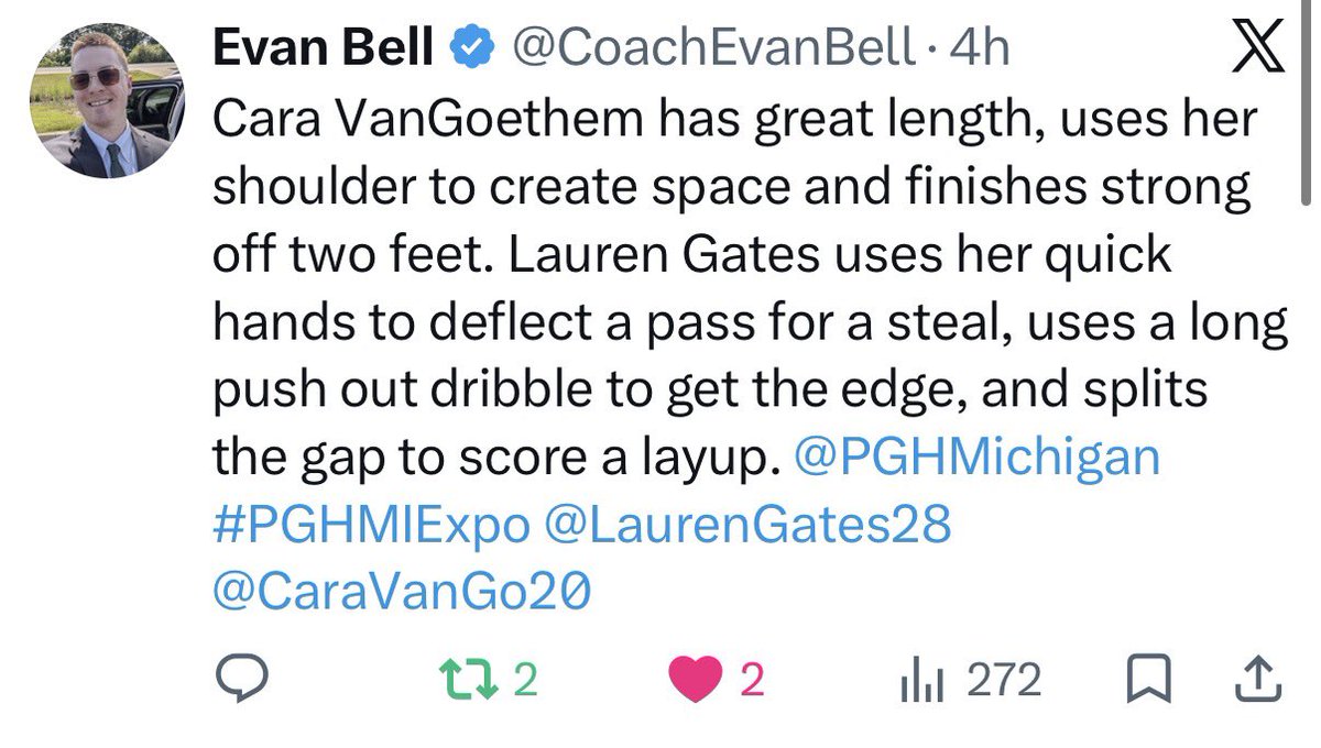 CaraVanGo20's tweet photo. Thank you @CoachEvanBell for the write up! I had a great time today with @PGHMichigan. @coachmsoukup @MilfordMavsGBB https://t.co/sI7rIGCjFc