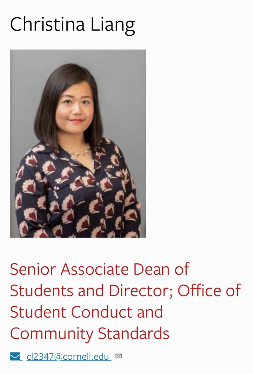 unionnick's tweet photo. @Cornell At Cornell, one person— Christina Liang — handles every disciplinary case, including the Cornell Seven’s and the suspensions of over 40 protestors. Liang wrote in 2025 that “2024 was one of the most challenging years of my career…and it helped me learn that caring less is okay.” https://t.co/Rwn85hujmy
