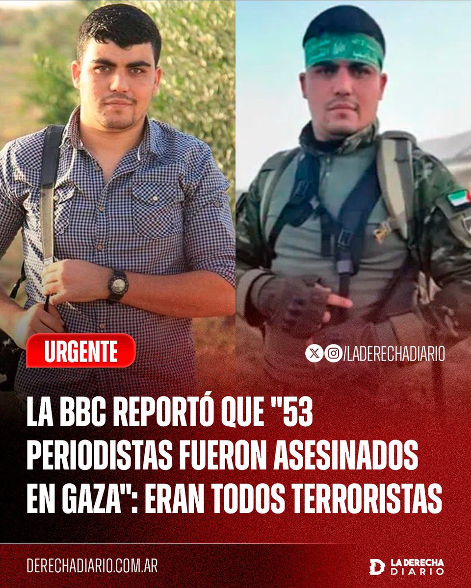 laderechadiario's tweet photo. 🚨🇬🇧🇵🇸 | LA BBC REPORTÓ QUE “53 PERIODISTAS FUERON ASESINADOS EN GAZA”: ERAN TODOS TERRORISTAS

La cadena británica presentó como “periodistas” a 53 personas muertas en Gaza que pertenecían o estaban vinculadas a Hamás y otros grupos terroristas. Varios de ellos aparecían públicamente en redes sociales portando rifles, vestidos con uniformes militares o exhibiendo símbolos de organizaciones armadas.

Entre los casos figura Yaqoub Al-Barsh, incluido por la BBC entre los supuestos periodistas asesinados pese a que aparecía fotografiado con indumentaria de Hamás.