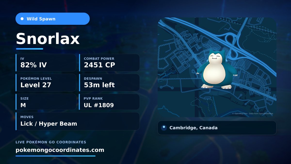 CoordsPokemonGo's tweet photo. #Snorlax Wild Spawns
82% IV β’ 2451 CP β’ Level 27
Despawns in 53m
π 43.407863,-80.394352
#Shundo β’ #ShinyCheck https://t.co/mdFxx6kc8b