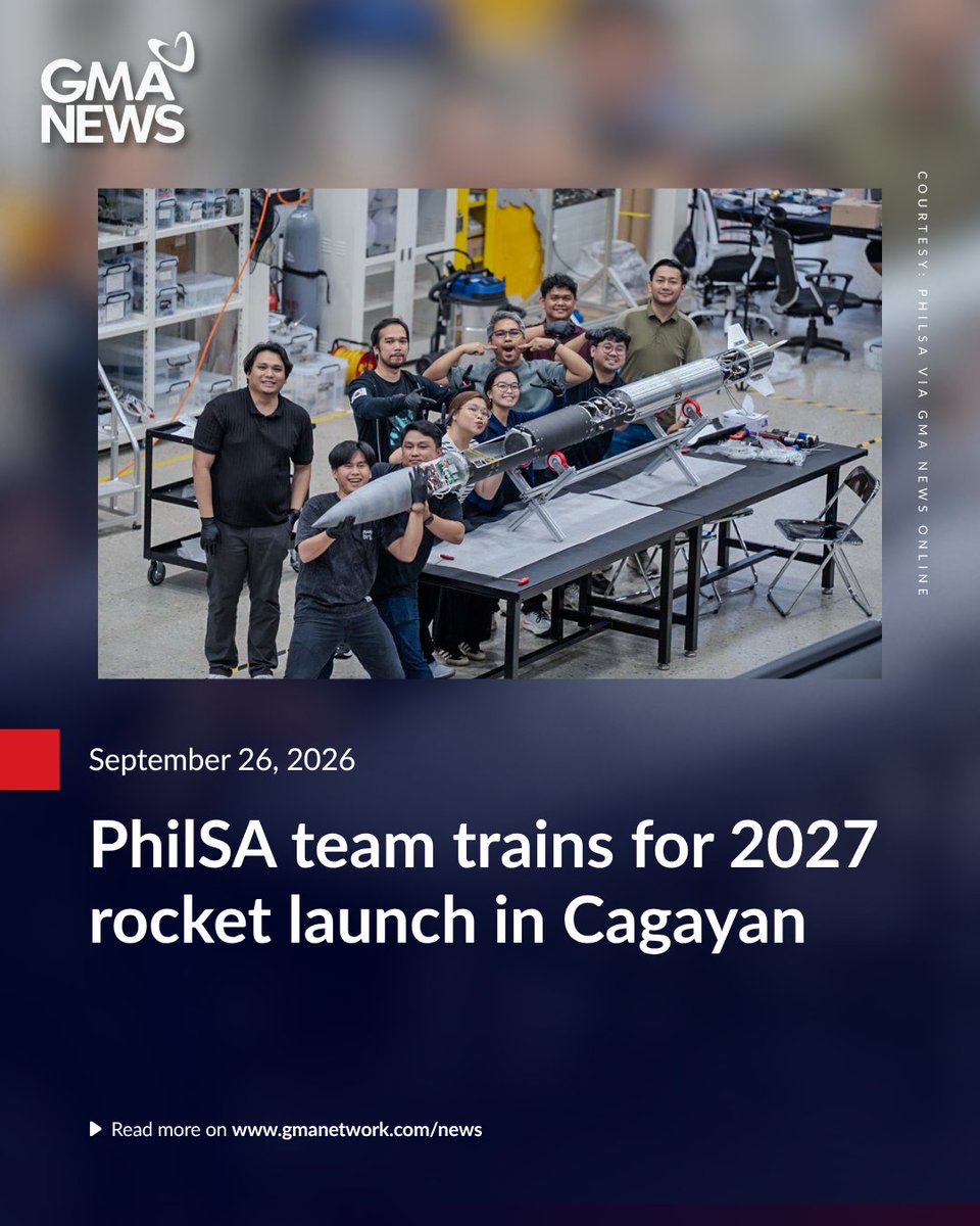 gmanews's tweet photo. A 10-member team from the Philippine Space Authority (PhilSA) is undergoing training in the development, assembly and testing of a liquid-fueled rocket in preparation for a planned rocket launch in Lal-lo, Cagayan, in 2027.

Read more:
https://t.co/nfxbn0618K https://t.co/SJMFvZe6MI