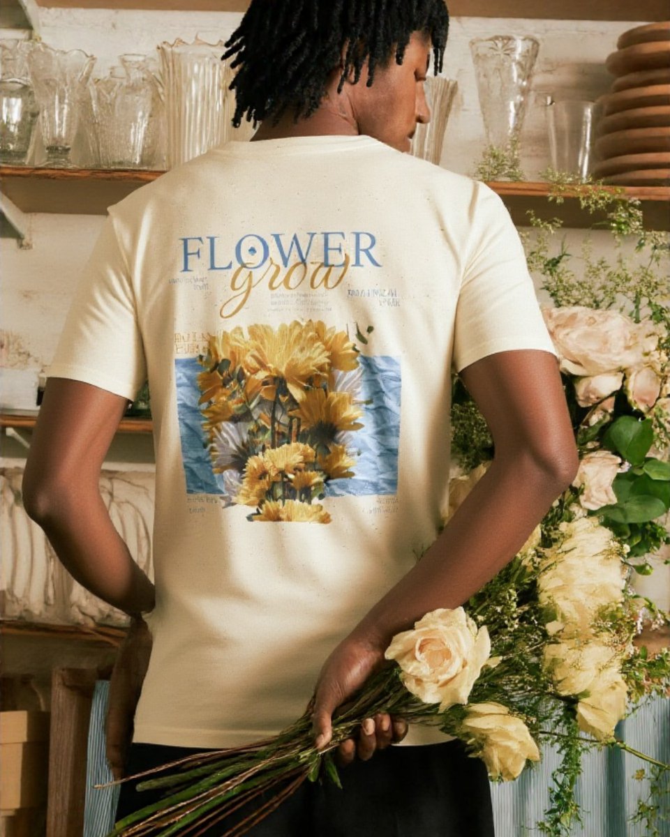 8jaque1's tweet photo. This is your sign to bloom. Our Flower Grow tee is here: a soft cream design with delicate yellow and white florals, inspired by spring, slow living, and growing at your own pace. Growth isn’t linear. Softness is strength. Blooming takes time. https://t.co/dDrSyQubuL