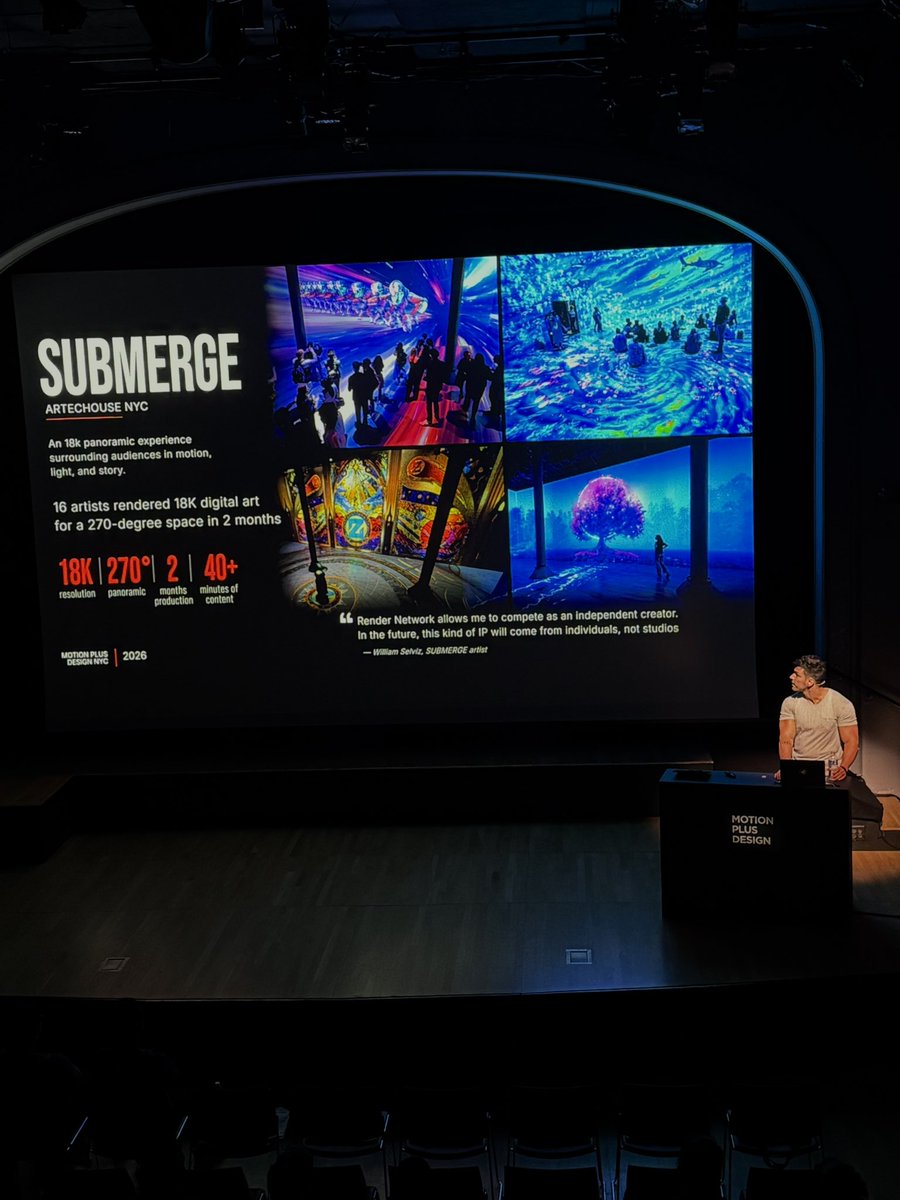rendernetwork's tweet photo. A few highlights from @SpenserFX’s talk, all powered by RN:

- 22,000 frames at 12K for the @LatinGRAMMYs for @rauwalejandro, rendered in under an hour.
 
- 27,000 frames at 4K for Sunspark by @Glitch_Black, now selected by 45+ film festivals.

- 18K immersive content for SUBMERGE @artechouse.

And a 4D Gaussian splat experiment made up of 288M+ splats.