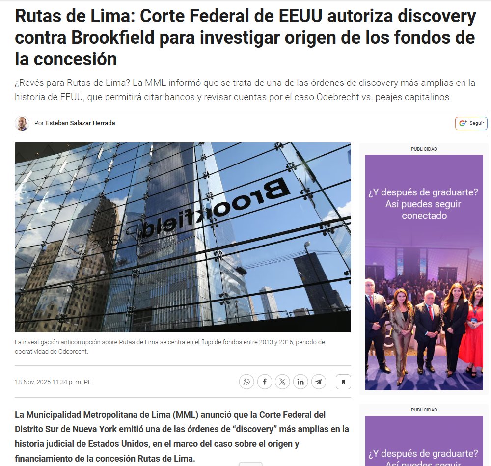 FriendlyEyes's tweet photo. @danielyovera NO DICES que Rutas de Lima fue vendida a Brookfield en una operación mafiosa que se investiga en EEUU.
Tampoco dices que todo es obra de la delincuente Susana Villarán. https://t.co/ucgTyDNWcL
