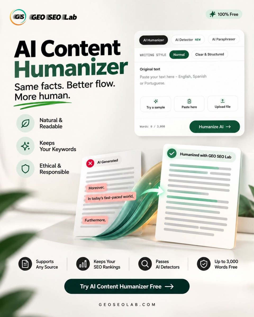 GEO_SEO_Lab's tweet photo. Humanise AI-generated content without losing what matters.
Same facts. Better flow. More human.
Try the AI Content Humaniser for free.
#AIContent #AIContentHumanizer #AIHumanizer #SEO #GEO #AISEO #ContentMarketing #ContentWriting #SEOTools #GEOSEOLab https://t.co/wkAK4ImIuf