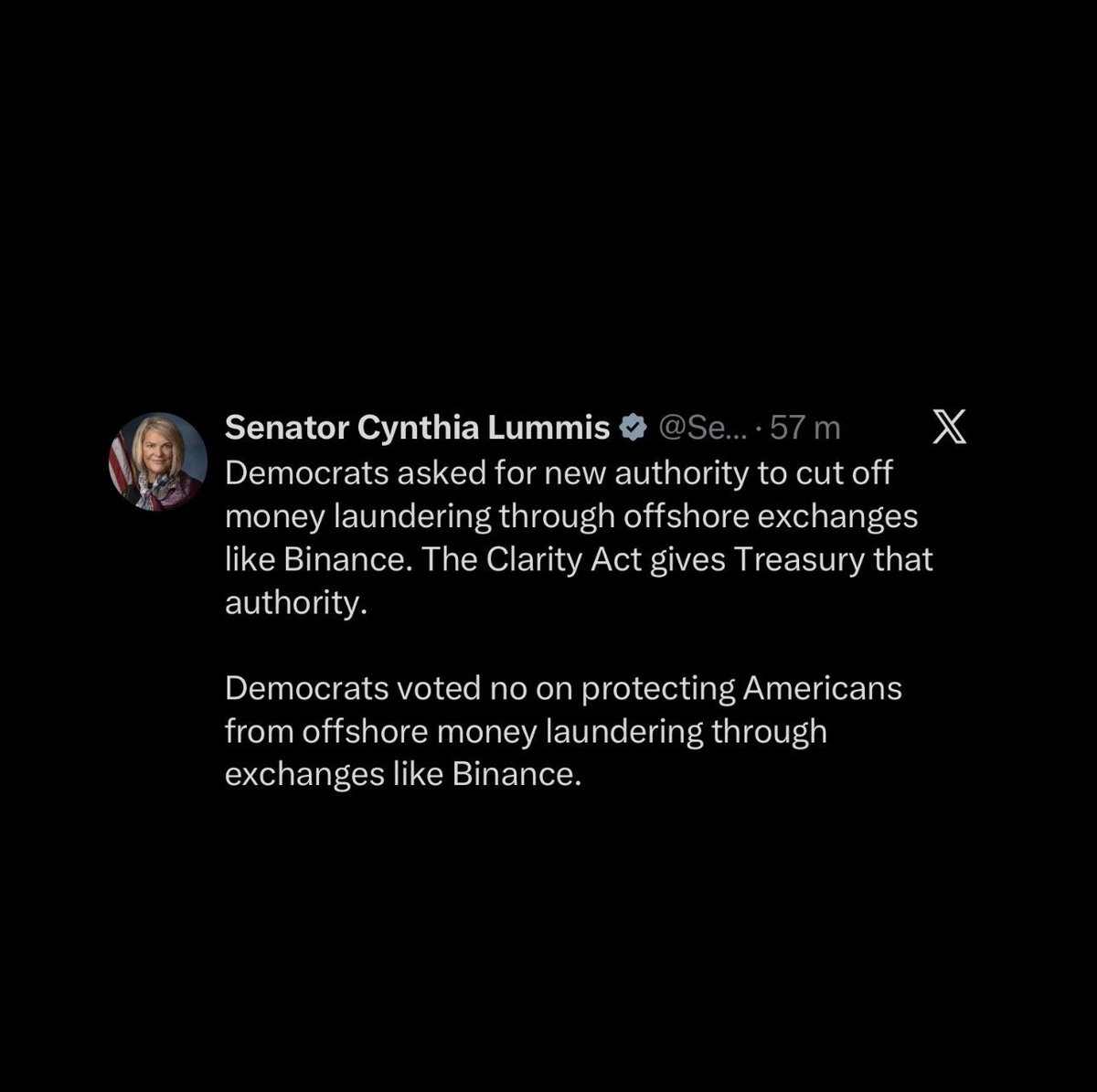KB_NEWS_'s tweet photo. JUST IN 🇺🇸 SEN. CYNTHIA LUMMIS:

“DEMOCRATS VOTED NO ON PROTECTING AMERICANS FROM OFFSHORE MONEY LAUNDERING THROUGH EXCHANGES LIKE BINANCE.”
#crypto https://t.co/BqsT34UTum