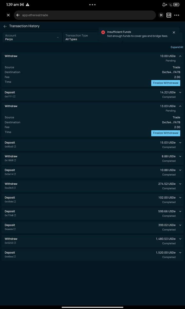 LeaxAirdrops's tweet photo. Why I'm Not Avail To Withdrawal My Fund From @etherealdex i have more then enough fund To Cover Gas Fees @meridiandotxyz why This Happening??? https://t.co/fLZaMuSGBB