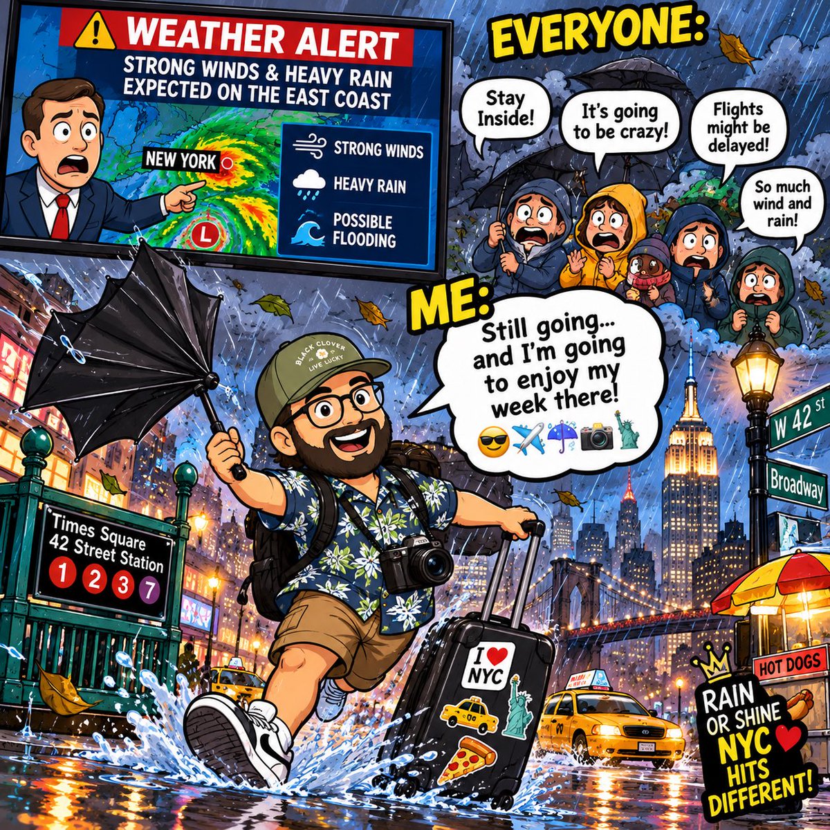 raone9334's tweet photo. Weather forecast: wind, rain, and possible flooding. 🌧️💨
Me: Cool… but I already made plans. 😂🗽

A little bad weather isn’t ruining my week in New York. Rain jacket on, camera ready — NYC, here I come! ☔📸

#NYC #NewYorkCity #Travel #RainOrShine #TravelHumor #NYCWeather https://t.co/6ZFMqmuX4E