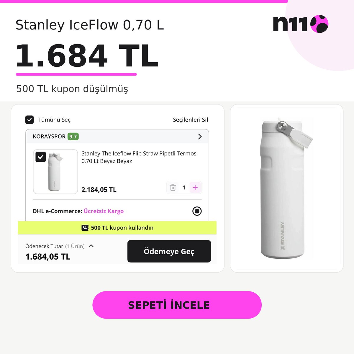 Guldehann_'s tweet photo. Stanley IceFlow 0,70 L beyaz Orijinal
1.684 TL (500 TL kupon düşülmüş)

n11 / Korayspor (Kupon kodunu ürün sayfasından aktif ediyorsunuz) tanıtım