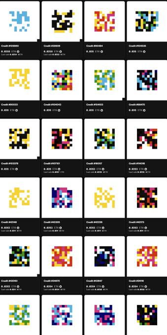 A grid of pixel art CryptoPunks NFTs in various colors and designs with their IDs and "Last sold" prices in ETH visible on each listing.