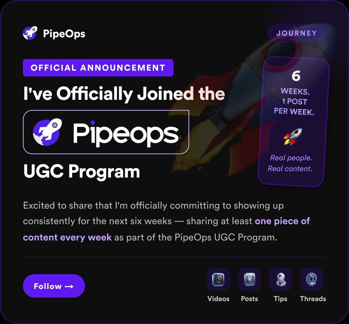 Taofeek_PD's tweet photo. Hello everyone,

I'm excited to announce that for the next six weeks, I'll be showing up consistently and sharing at least one thing I learn, design, build, or work on each week as part of the PipeOps UGC Program.

Looking forward to sharing the journey with you! https://t.co/R2sGRV7fzy