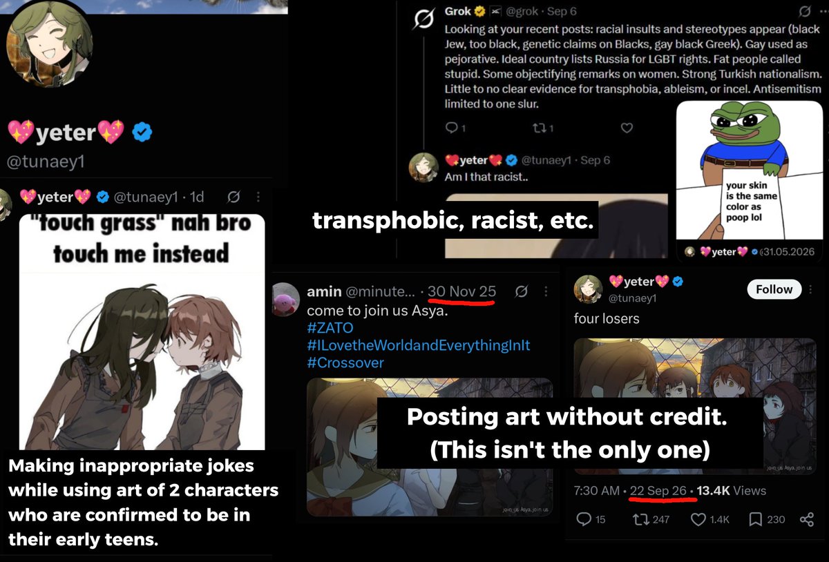 Marina__Kaplan's tweet photo. People active in the #ZATO #ILovetheWorldandEverythingInIt community. 
PLEASE report, avoid, and block this user at all cost @ tunaey1 

They have been posting about racism, stolen art, etc.

For further info, check these images. https://t.co/DlKgjE4JeE
