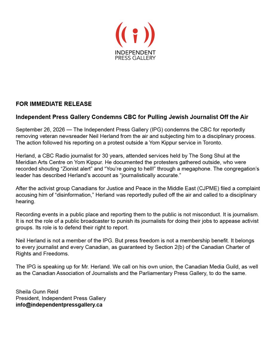 IndependentPG's tweet photo. FOR IMMEDIATE RELEASE
Independent Press Gallery Condemns CBC for Pulling Jewish Journalist Off the Air

https://t.co/H07X4OAG2j https://t.co/Hn8Cejgro8