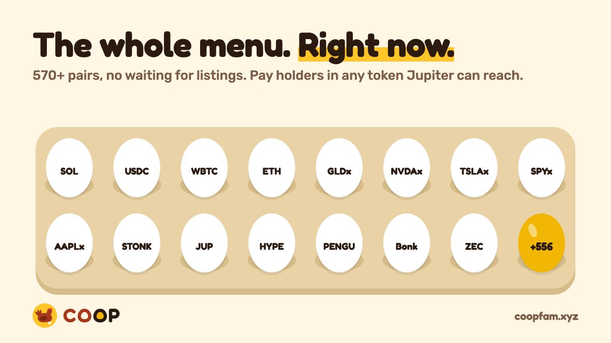 coopfamxyz's tweet photo. The whole menu. Right now.

Launch on COOP against any of 570+ assets: SOL, USDC, BTC, ETH, gold, stocks, STONK. No waiting for "listings".

Pay your holders in ANY token Jupiter can reach. You pick it at launch.

Your token. Your recipe. 🥚 https://t.co/VLIdyAgCz9