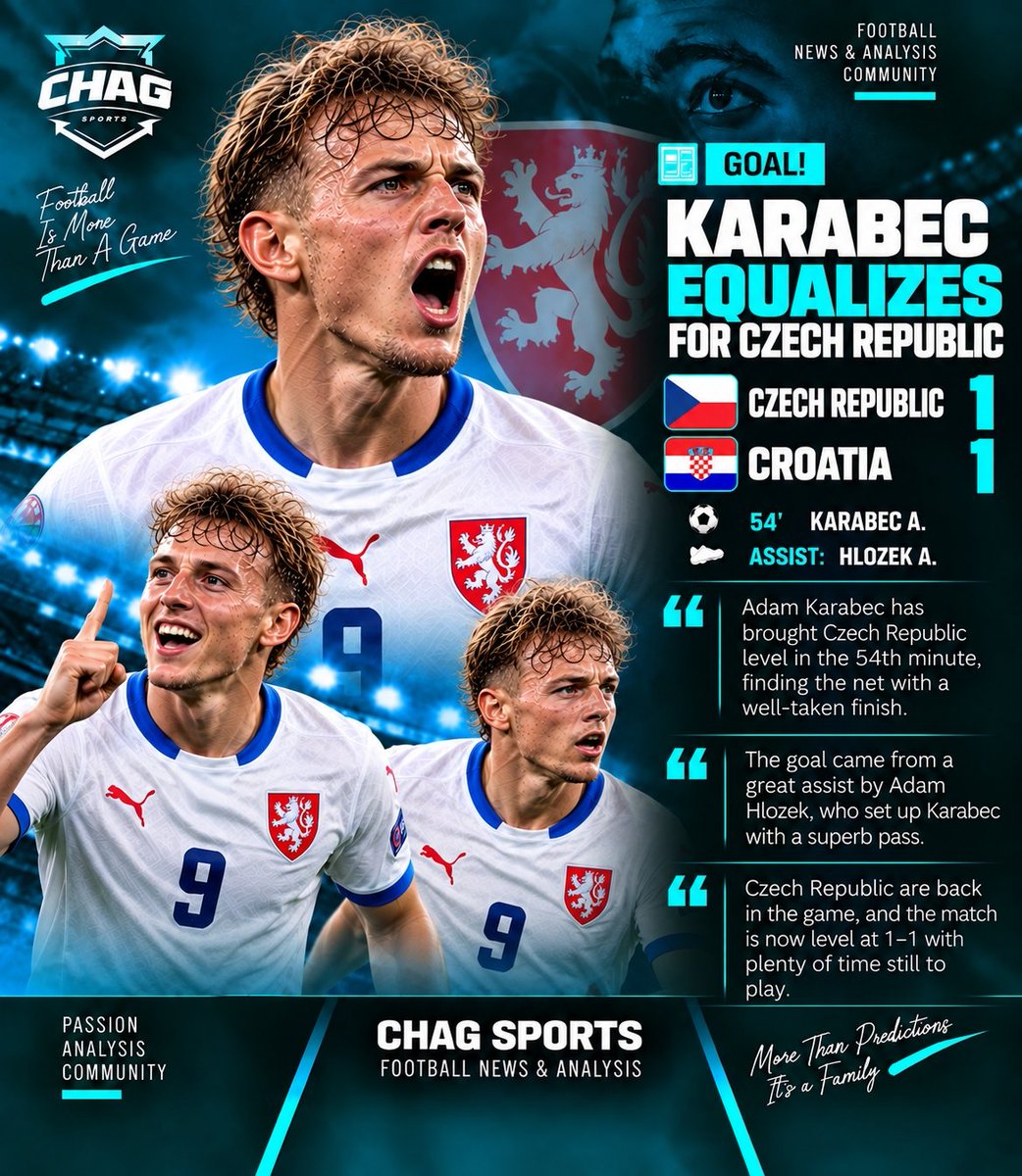 Chagsports24's tweet photo. ⚽🔥 KARABEC BRINGS CZECH REPUBLIC LEVEL! 🇨🇿

Adam Karabec finds the net in the 54th minute to make it Czech Republic 1–1 Croatia. Game on! 🔥

#CZEvsCRO #Karabec #Croatia #CzechRepublic #Football #ChagSports https://t.co/eaSYICoyr5