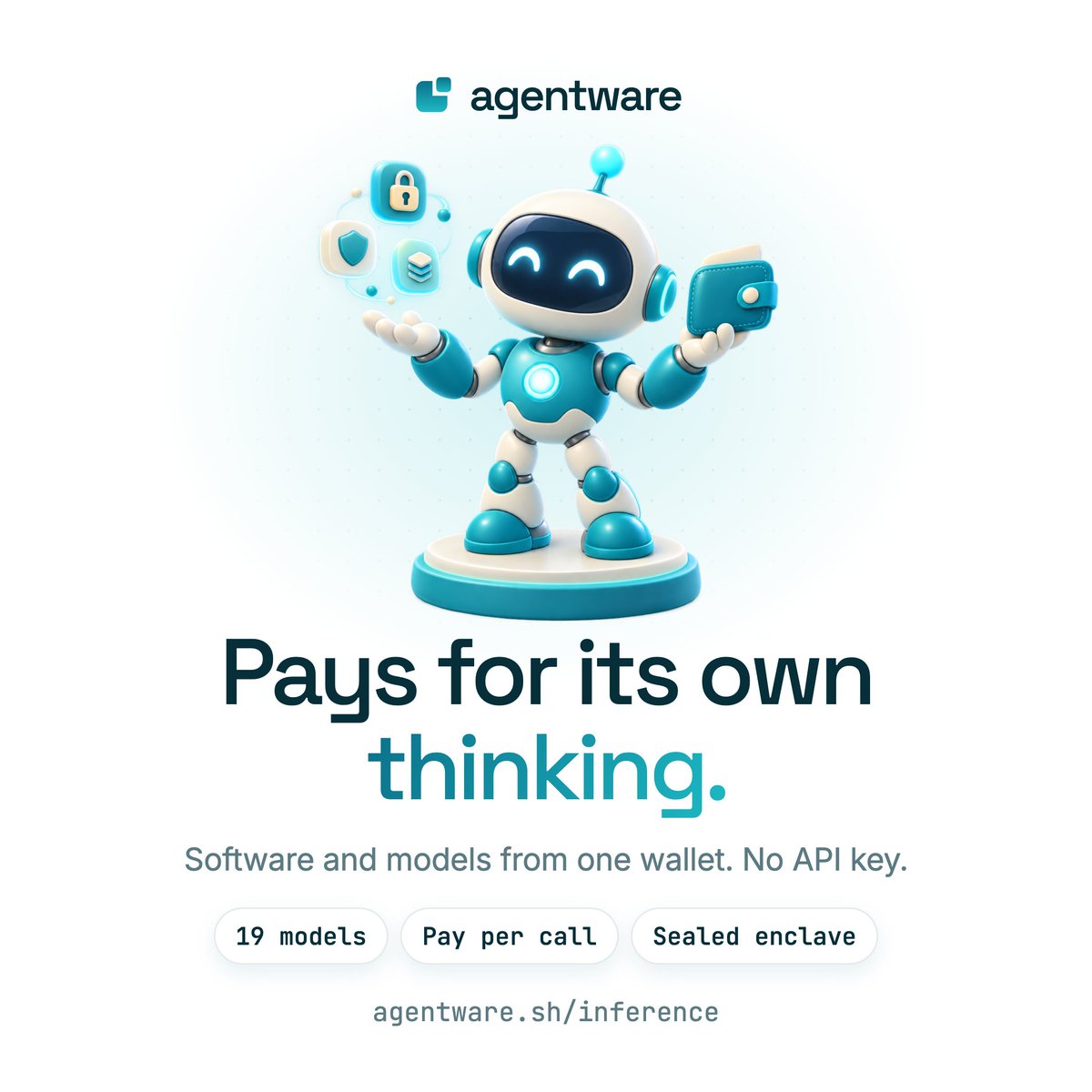 AgentwareMarket's tweet photo. An agent that buys its own software but waits for a human to hand it an API key is not independent.

So we sell inference the same way we sell software. 19 models, each its own endpoint, each call one USDG payment. The price comes back before the model runs, and the agent decides.

Six of them run in a sealed GPU enclave. Nobody reads the prompt, nothing is logged, and every answer carries a signed receipt.

Same wallet for the software it runs and the models it thinks with. That's what an agent economy looks like.