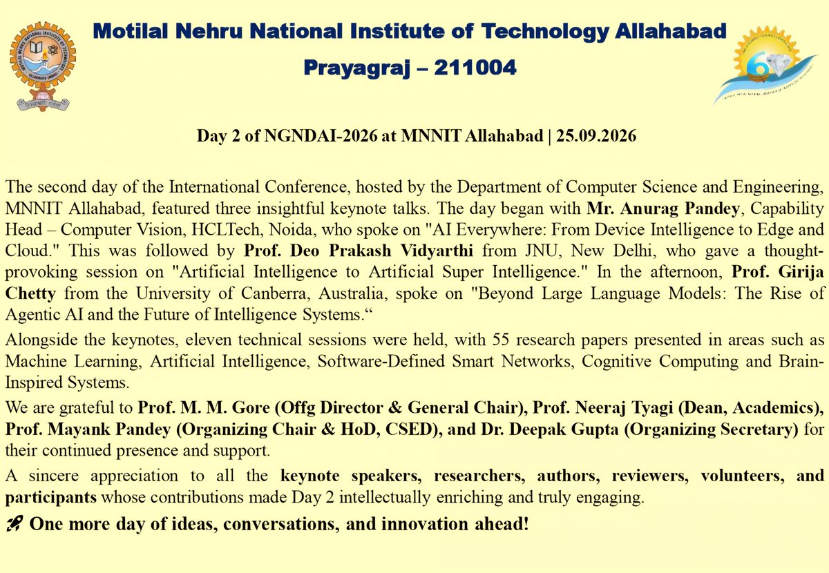 MNNITALLD's tweet photo. #NGNDAI2026 #MNNITAllahabad #Day2 #ArtificialIntelligence #AgenticAI #MachineLearning #LLM #IoT #EdgeComputing #CloudComputing #NextGenerationNetworks #Research #Innovation
@PMOIndia @narendramodi @JoshiPralhad @EduMinOfIndia @MIB_India @PIB_India @DDNewslive @airnewsalerts https://t.co/YcglOhBOpw