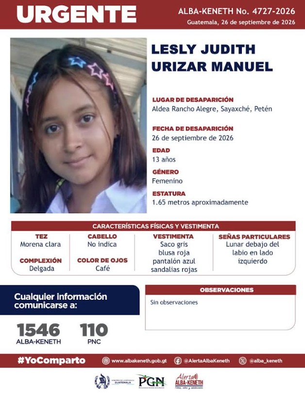 alba_keneth's tweet photo. #AlertaAlbaKeneth⚠️| Lesly Judith Urizar Manuel de 13 años de edad. Desapareció el 26 de septiembre de 2026, en Aldea Rancho Alegre, Sayaxché, Petén. 

🔁Comparte y ayúdanos con su localización.
📞Si tienes información llama al 1546. #YoComparto https://t.co/w4EiKKitDD