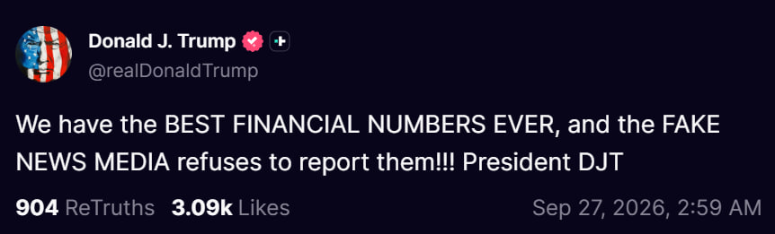 TabzLIVE's tweet photo. President Trump via Truth Social:

We have the BEST FINANCIAL NUMBERS EVER, and the FAKE NEWS MEDIA refuses to report them!!! https://t.co/H0sAPVCX1O