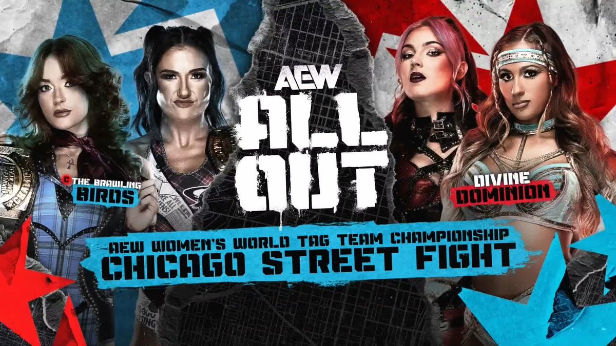 A promotional image for AEW All Out featuring the AEW Women's World Tag Team Championship match, showing The Brawling Birds (champions) on the left and Divine Dominion (challengers) on the right, with text announcing their "Chicago Street Fight" for the titles.