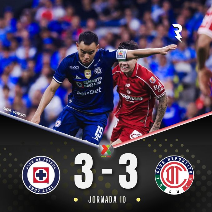 A sports graphic showing a soccer match result of '3-3' between 'CRUZ AZUL' and 'TOLUCA' during 'JORNADA 10', featuring two players in blue and red uniforms.