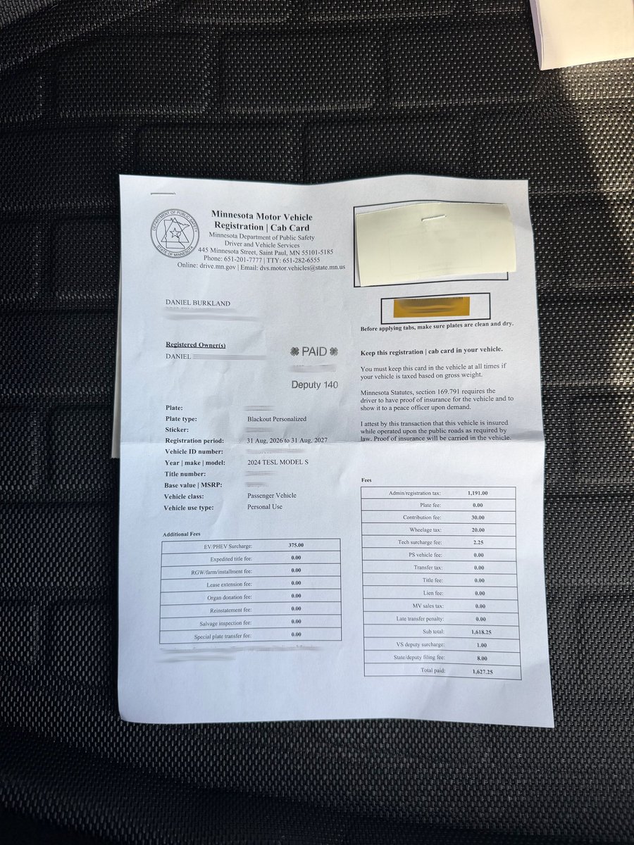 DBurkland's tweet photo. TESLA OWNERS: How much do you pay to renew your registration each year?

I just paid over $1,600 in Minnesota to stay registered through August 2027.

Drop your state and total below 👇 https://t.co/DztLIS6glR