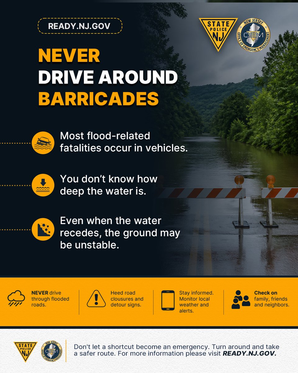 NJSP's tweet photo. When a road is closed, there is a reason

Never drive around barricades or through flooded roads. Floodwater can be deeper and more dangerous than it appears. Follow closures and detours, monitor alerts and take a safer route. 

Visit https://t.co/mMgn9V4krX for more information https://t.co/FeIMF69f9d