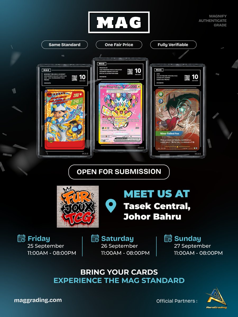 mag_grading's tweet photo. Final day at Fur Joux TCG: bring your cards to the MAG booth; our team registers them on the spot. No grade happens at the booth.

RM79 per card plus a separate 4% platform fee.

Every graded card comes back with a certificate anyone can check → https://t.co/uFzH20an9b