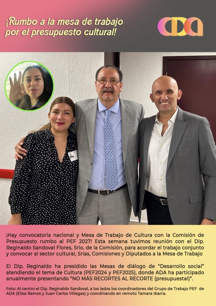 ada_cdmx's tweet photo. Lunes 28 de Septiembre, Foro del Sector Cultural por una REDISTRIBUCIÓN PRESUPUESTAL para cultura rumbo al PEF2027. Invitamos a @ReginaldoSF_PT @mery_pozos @ccurieldeicaza a ser parte del diálogo para incluir al sector en la toma de decisiones. #NoMásRecortesAlRecorte #PEF2027 https://t.co/520CkOEza2