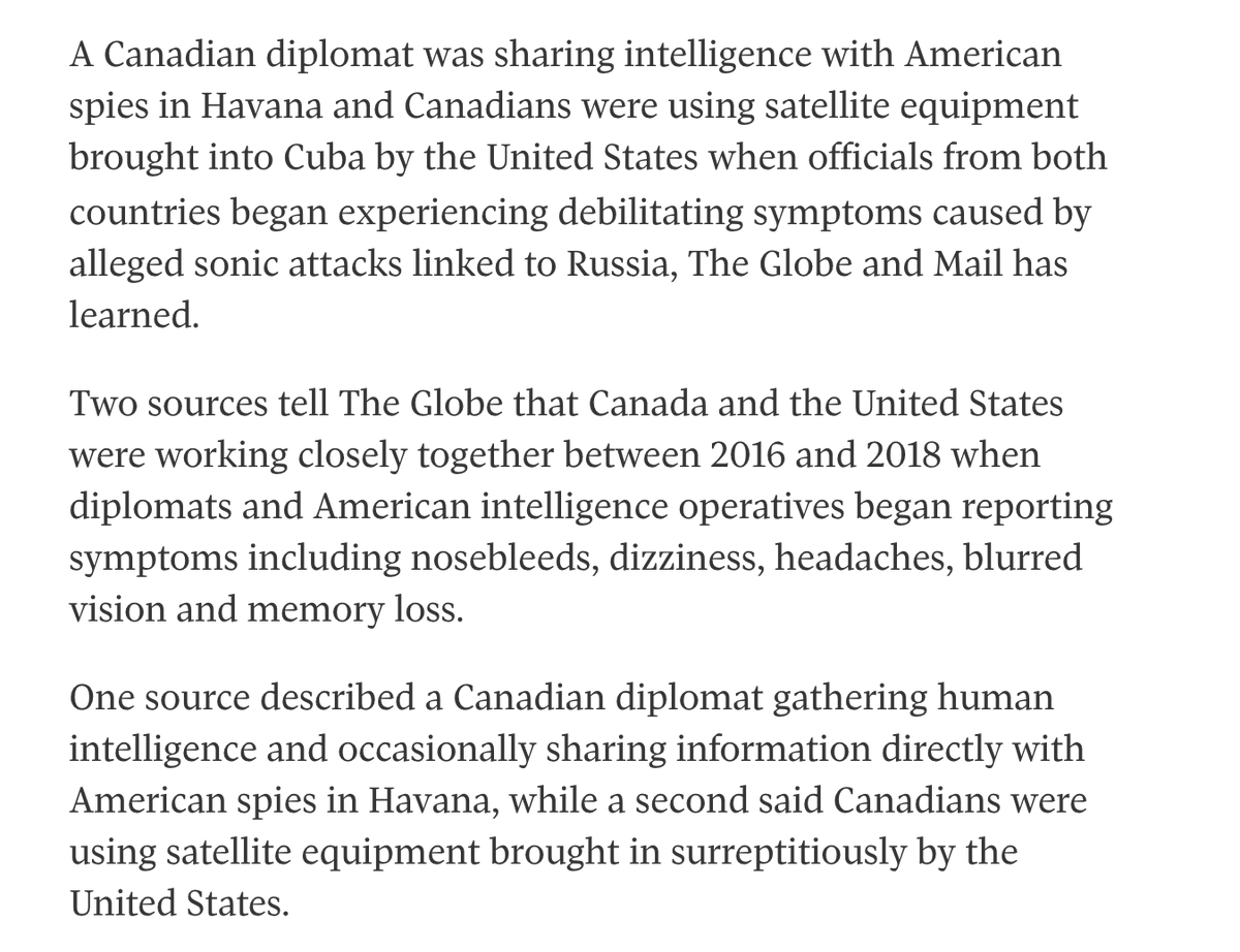 RobertSkvarla's tweet photo. The first five victims of Havana Syndrome were CIA agents working under diplomatic cover. Now we learn Canada was very likely running a secret spying program in Cuba at the behest of the United States. Very odd! https://t.co/8jX654qNaI