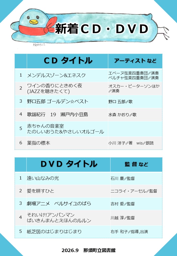 NasuTownLibrary's tweet photo. 新着ＣＤ・ＤＶＤの貸し出しを開始しました。
ご予約も可能です。ぜひご利用ください。 https://t.co/ocLLWLumEE
