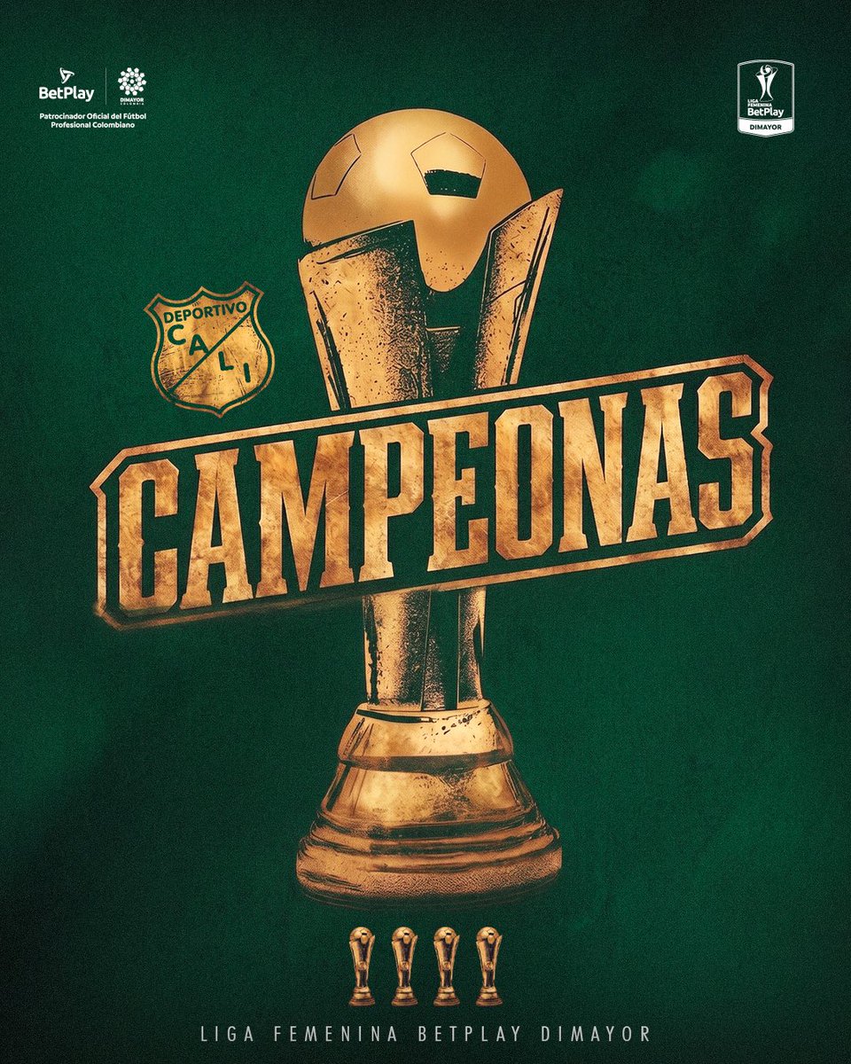 LigaBetPlayD's tweet photo. 𝗧𝗿𝗶𝗰𝗮𝗺𝗽𝗲𝗼𝗻𝗮𝘁𝗼 𝗽𝗮𝗿𝗮 𝗹𝗮 𝗵𝗶𝘀𝘁𝗼𝗿𝗶𝗮.🏆🏆🏆
Deportivo Cali son las CAMPEONAS de la Liga BetPlay Dimayor.🟢⭐️
Las azucareras suman una estrella más y son las máximas campeonas del fútbol femenino en Colombia.

𝗙𝗲𝗹𝗶𝗰𝗶𝘁𝗮𝗰𝗶𝗼𝗻𝗲𝘀 𝗗𝗲𝗽𝗼𝗿𝘁𝗶𝘃𝗼 𝗖𝗮𝗹𝗶.👏

#LigaFemeninaBetPlayDimayor #UnaLigaConMásPasión #LigaBetPlayDimayor #fpc #futbolcolombiano