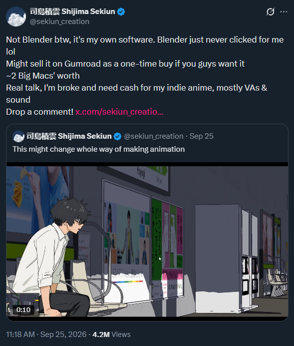 IsThisRealArt_'s tweet photo. Warning artists!!🚨This AI user pretending to be an indie animator is trying to grift with some AI vibe-coded 3D program for money ‼️

Blender is completely free, with lots of free resources out there to start using it. Save your money!! https://t.co/7i8Mx8Sa1x
