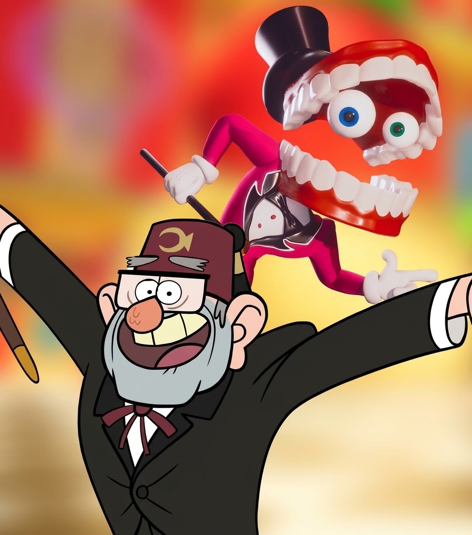 CartoonsOTMoon's tweet photo. Caine de THE AMAZING DIGITAL CIRCUS aparece en el nuevo sitio web de Gravity Falls. 

Pelea contra Bill por el amor del tío Stan. https://t.co/S7f1y8CarO