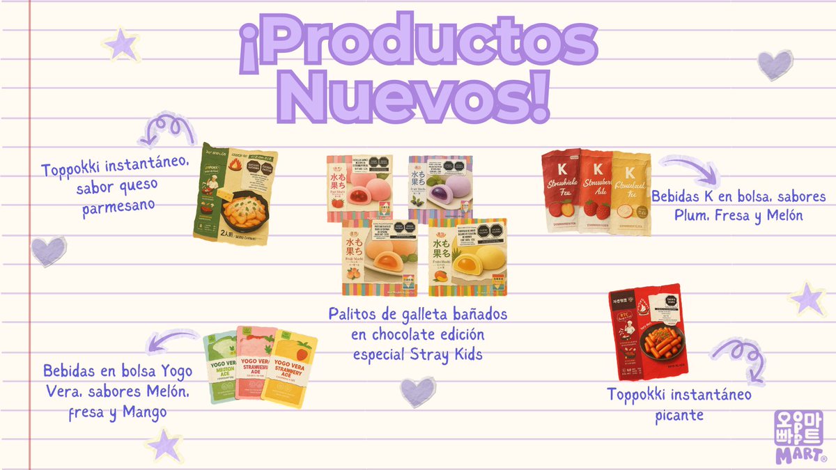 oppamartmx's tweet photo. ✨ Nuevos productos para ti esta semana✨
Desde bebidas en bolsa de varios sabores, Toppokki instantáneo y Mochis 😋💜
#oppamart #snackscoreanos #productosnuevos https://t.co/NjEVIls2lz