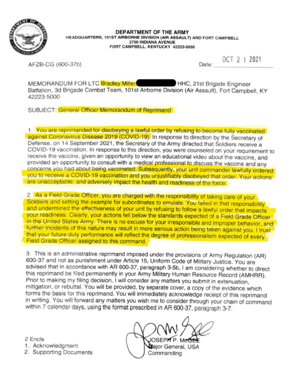 BradMiller1010's tweet photo. I was looking thru files today & came across this old gem. 😎

Imagine being a division commander and giving this letter of reprimand to one of your battalion commanders because you were too naive to see what the covid shot & covid shot mandate were actually about. Then imagine relieving that battalion commander one week later because he refused to go along with the "big lie" (in the totalitarian sense).

That's exactly what my division commander did.

The mandate was unequivocally unlawful (and a strategic blunder). Orders associated with the mandate were also unlawful. Refusing to comply with the mandate was therefore not only NOT unlawful, but actually a duty & a moral obligation.

My division commander, along with virtually every other senior military leader, pushed this unlawful policy that caused incalculable physical & moral injury on the force. The strategic effects will immeasurably impact our armed forces for years to come.

When it comes to such a wide scale policy that is so glaringly despotic, egregiously unlawful, and strategically destructive, SILENCE IS CONSENT and yet ALL currently serving senior military leaders either through their direct support or by their cowardly silence, permitted this to happen.

And many of them would allow it to happen again because they lack the strategic insight to understand the real threats facing this country and/or lack the moral resolve to stand up to those threats.

The language in this memo is telling. It not just distorts but also actively INVERTS the truth. My actions, and the effects of those actions, are the opposite of what is claimed in the memo. Much of what is inaccurately attributed to me in this memo is actually true of the mandate itself and/or those who implemented it.

The MANDATE itself was "unjustifiably" implemented, was "unacceptable," and "adversely impact[ed] the health and readiness of the force." The MANDATE "undermined the effectiveness" of the unit. Pushing the MANDATE was the "irresponsible and improper behavior."

How many currently serving senior military leaders pushed similar letters of reprimand to their subordinates due to the unlawful covid shot mandate?

How many leaders have actually acknowledged the damage they caused?