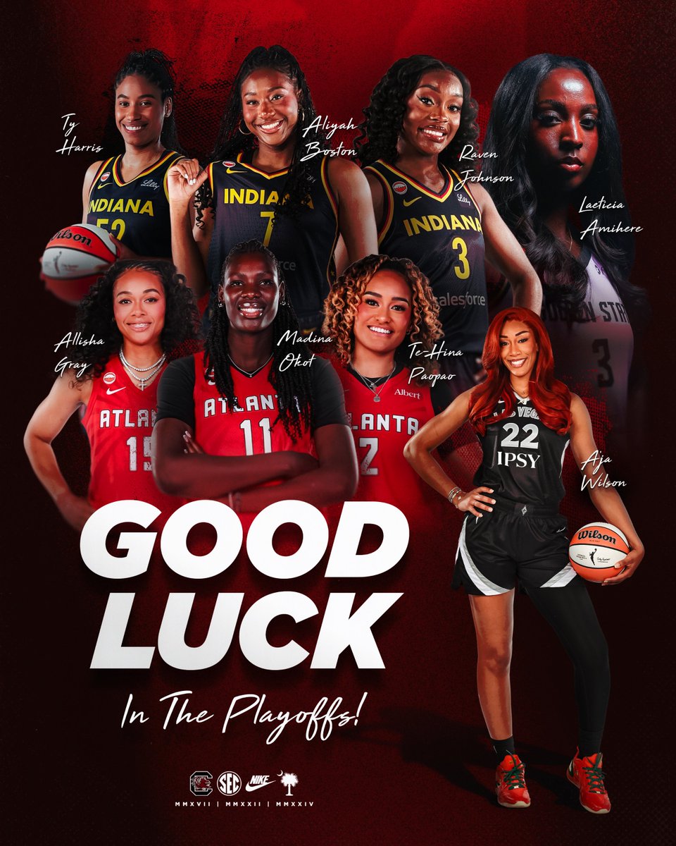 GamecockWBB's tweet photo. It's also 𝙥𝙡𝙖𝙮𝙤𝙛𝙛 game day for our 8️⃣ alums in the @WNBA 🤙

Fever at Aces 4 PM ET on ABC
Mystics at Dream 7 PM ET on Prime
Wings at Valkyries 9 PM ET on USA https://t.co/LaD4P63vkb