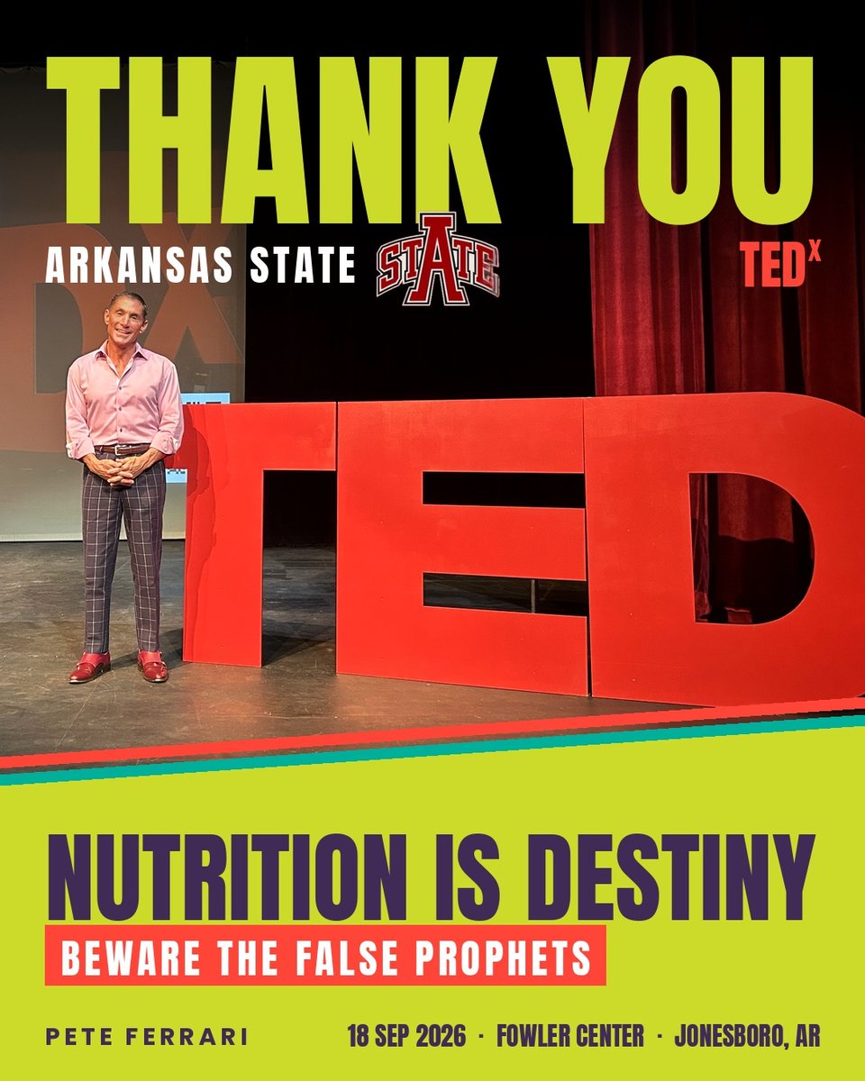 peteferrari28's tweet photo. Thank you, Arkansas State University and the TEDxArkansasState team, for a great day at the Fowler Center in Jonesboro.

Thirteen minutes was enough to make the case that what we eat decides who we become, and that the people selling us our food have not always told us the truth.

To the students who stayed afterward to talk, and to my fellow speakers, thank you. The work continues.
Video soon!

#TEDx #TEDxArkansasState #NutritionIsDestiny #ArkansasState #Jonesboro #SuperSelf #Nutrition #Health