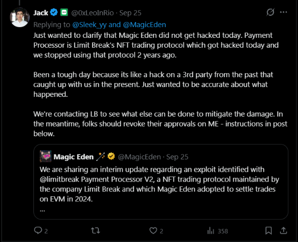 bpmrunner's tweet photo. CEO's answer, reply after reply: not our fault.

Whose fault is it then? Users were exposed because they used Magic Eden’s marketplace and approved the infrastructure Magic Eden chose.

Stop hiding behind PR language and take some accountability. https://t.co/uxj1tKIvRg